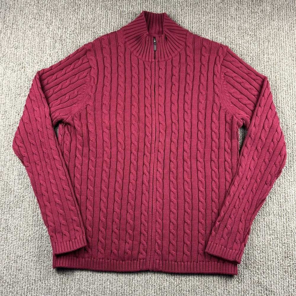 LL Bean Womens XL Reg Full Zip Cable Knit Sweater Jacket Red